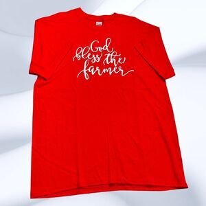God Bless The Farmer Graphic T-Shirt Red Gildan Tee Womens L